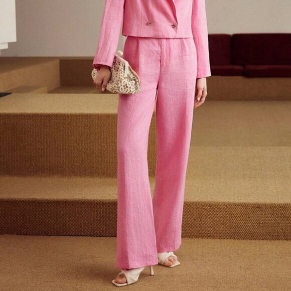 PINK LINEN FOLD PLEATED STRAIGHT LEG SUIT PANTS - Picture 4 of 8